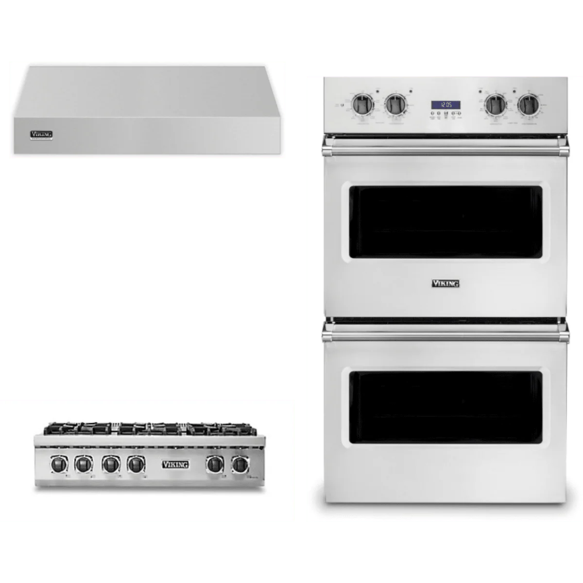 Viking 3-Piece Package VRT5366BSS 36 Inch Gas Rangetop and VDOE130SS 30 Inch Built-In Double Electric Wall Ove and VWH536121SS 36 Inch Wall Mount Range Hoo