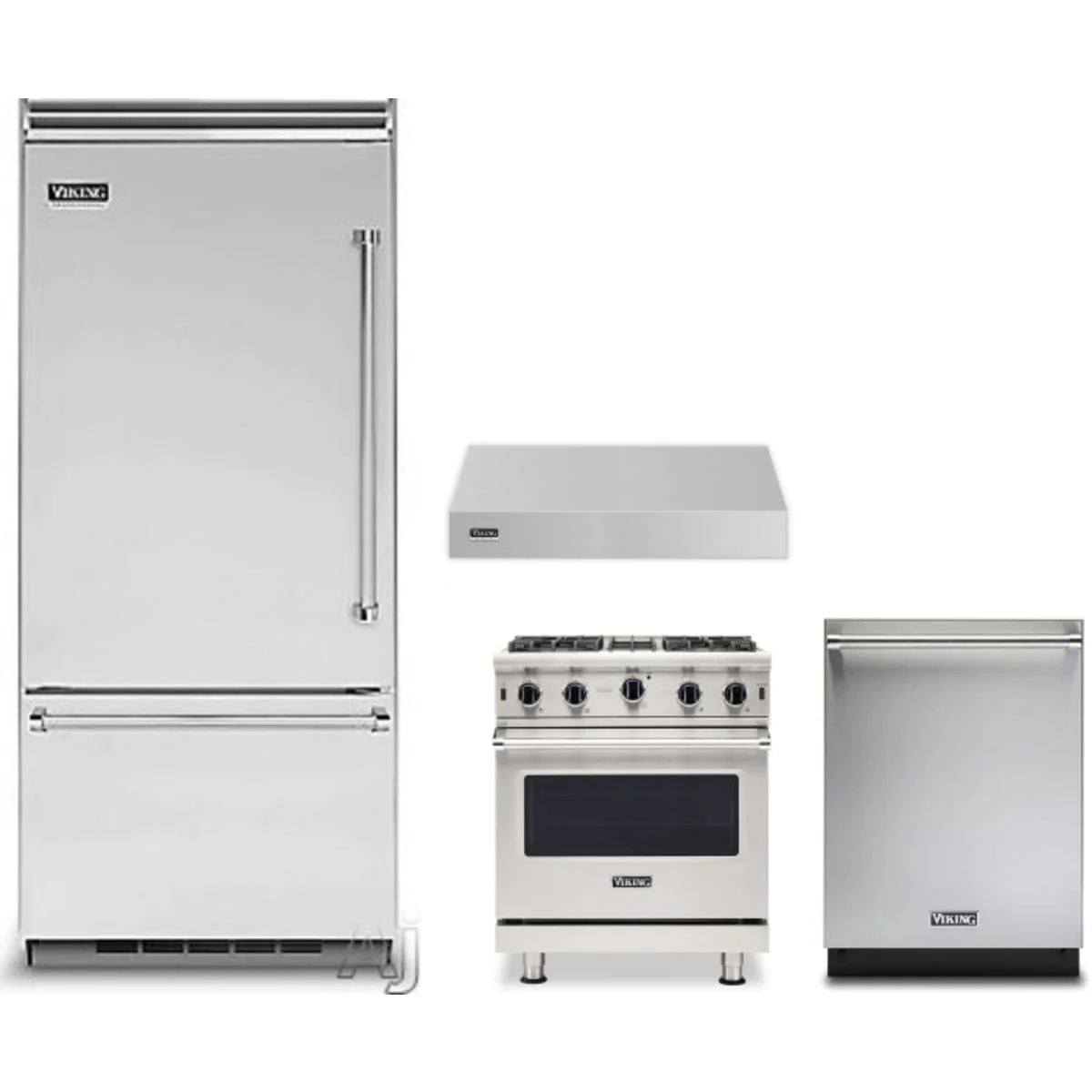 Viking 4-Piece Package VCBB5364LSS 36 Inch Built-In Bottom Mount Refrigerator and VGIC53024BSSLP 30 Inch Freestanding Professional Gas Range and VDWU324SS 24 Inch Fully Integrated Dishwasher and VWH530121SS 30 Inch Wall Mount Range Hood