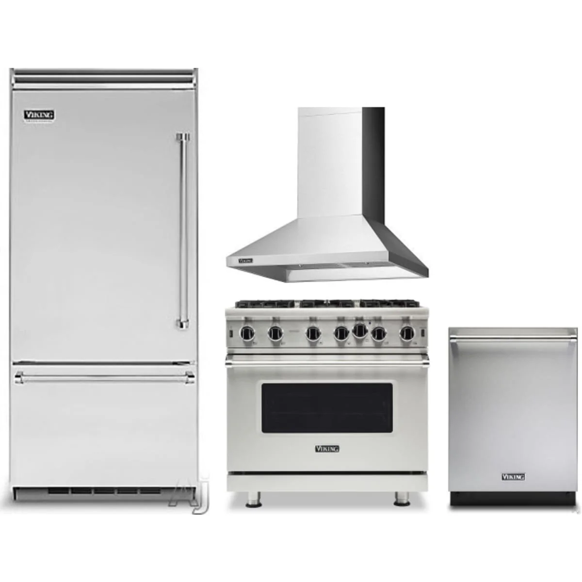 Viking 4-Piece Package VCBB5364LSS 36 Inch Built-In Bottom Mount Refrigerator and VGIC53626BSS 36 Inch Freestanding Professional Gas Range and VDWU524SS 24 Inch Fully Integrated Dishwasher and RVCH336SS 36 Inch Wall Mount Range Hood