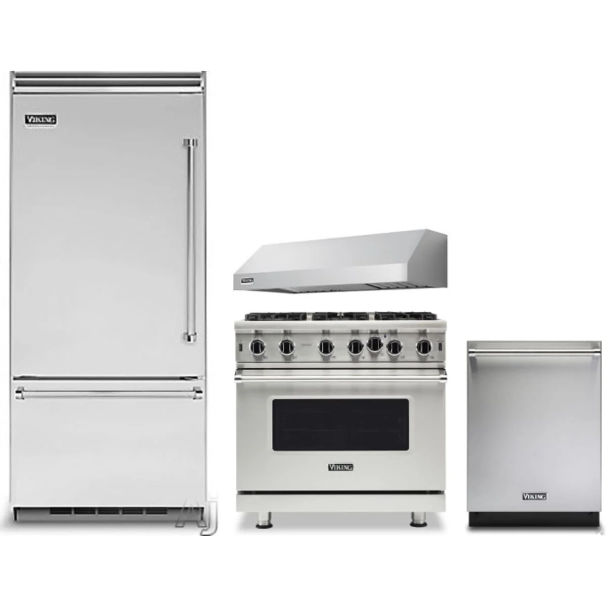Viking 4-Piece Package VCBB5364LSS 36 Inch Built-In Bottom Mount Refrigerator and VGIC53626BSS 36 Inch Freestanding Professional Gas Range and VDWU524SS 24 Inch Fully Integrated Dishwasher and VWH3610SS 36 Inch Pro-Style Wall Mount Range Hood