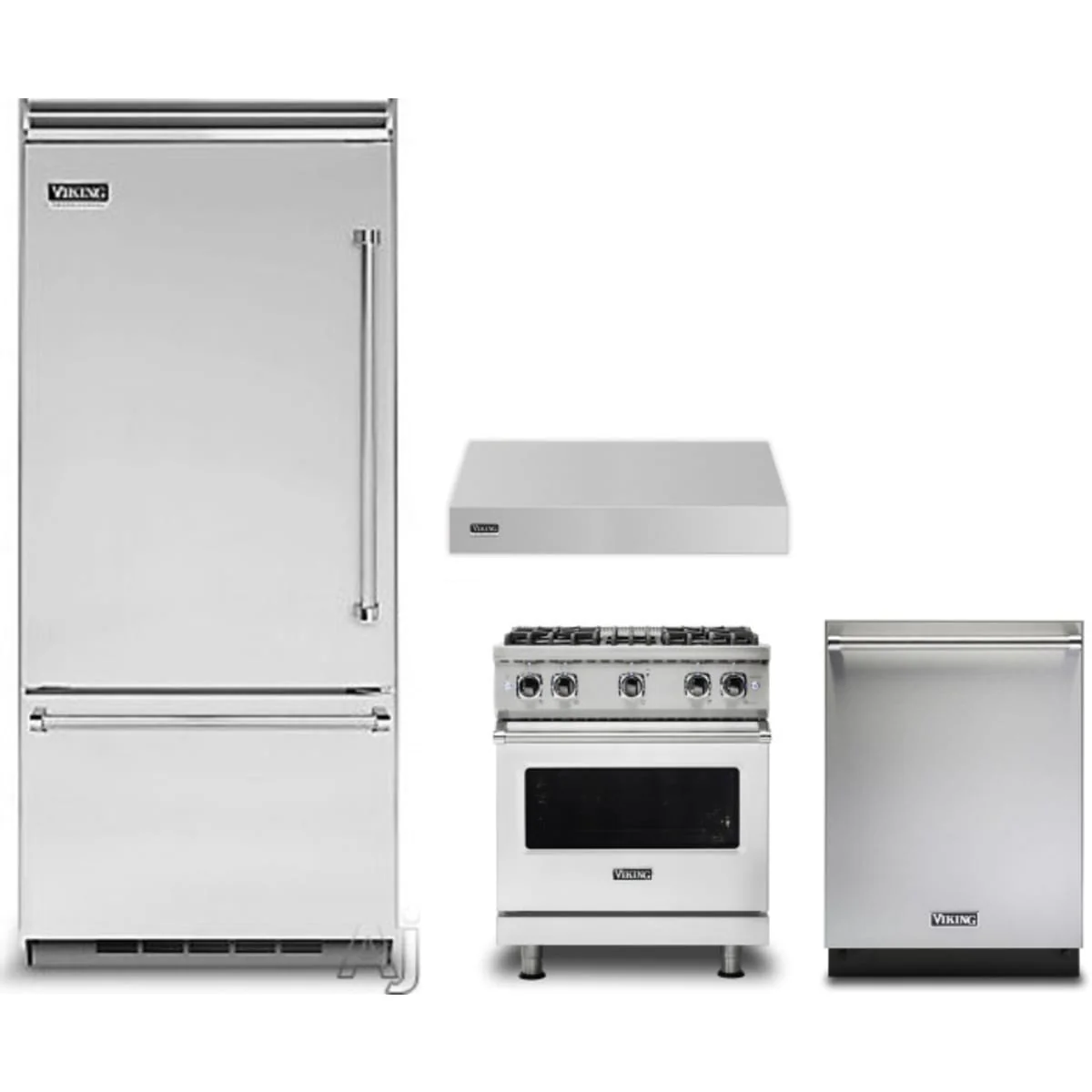 Viking 4-Piece Package VCBB5364LSS 36 Inch Built-In Bottom Mount Refrigerator and VGR5304BSS 30 Inch Freestanding Professional Gas Range and VDWU324SS 24 Inch Fully Integrated Dishwasher and VWH530121SS 30 Inch Wall Mount Range Hood