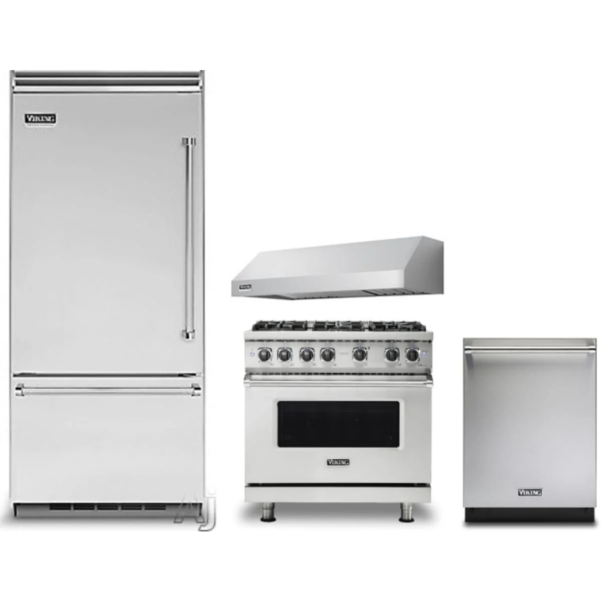 Viking 4-Piece Package VCBB5364LSS 36 Inch Built-In Bottom Mount Refrigerator and VGR5366BSS 36 Inch Freestanding Professional Gas Range and VDWU324SS 24 Inch Fully Integrated Dishwasher and VWH3610SS 36 Inch Pro-Style Wall Mount Range Hood