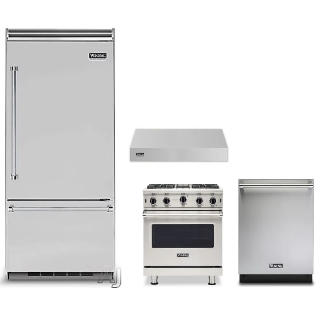 Viking 4-Piece Package VCBB5364RSS 36 Inch Built-In Bottom Mount Refrigerator and VGIC53024BSSLP 30 Inch Freestanding Professional Gas Range and VDWU324SS 24 Inch Fully Integrated Dishwasher and VWH530121SS 30 Inch Wall Mount Range Hood