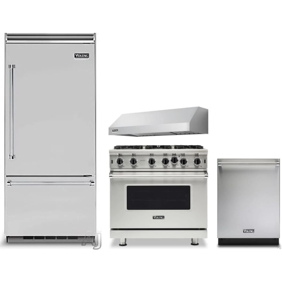 Viking 4-Piece Package VCBB5364RSS 36 Inch Built-In Bottom Mount Refrigerator and VGIC53626BSS 36 Inch Freestanding Professional Gas Range and VDWU524SS 24 Inch Fully Integrated Dishwasher and VWH3610SS 36 Inch Pro-Style Wall Mount Range Hood