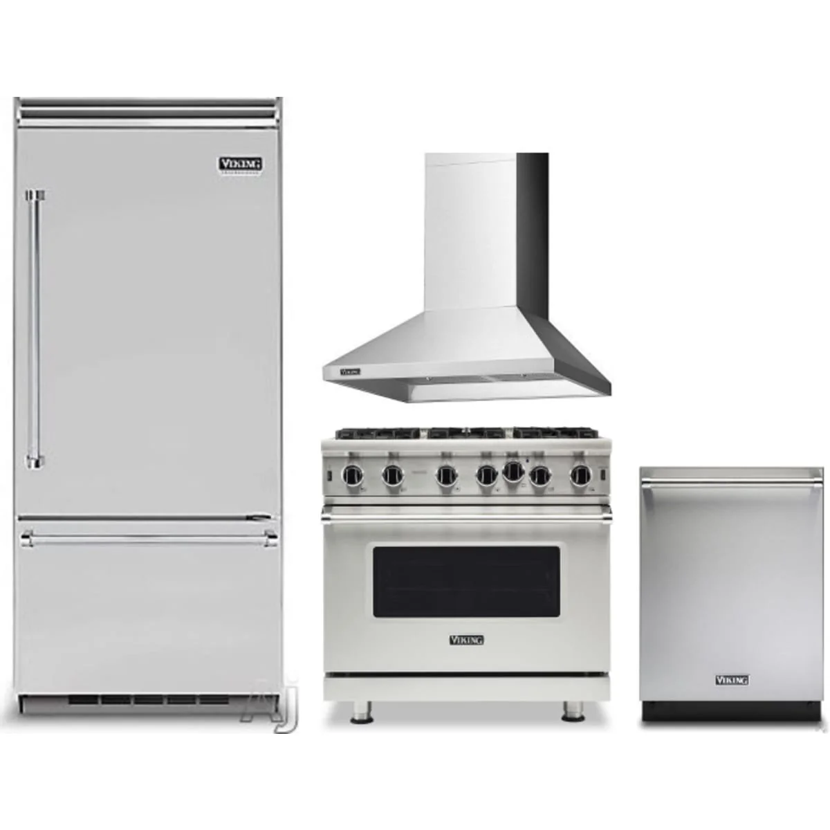 Viking 4-Piece Package VCBB5364RSS 36 Inch Built-In Bottom Mount Refrigerator and VGIC53626BSSLP 36 Inch Freestanding Professional Gas Range and VDWU524SS 24 Inch Fully Integrated Dishwasher and RVCH336SS 36 Inch Wall Mount Range Hood