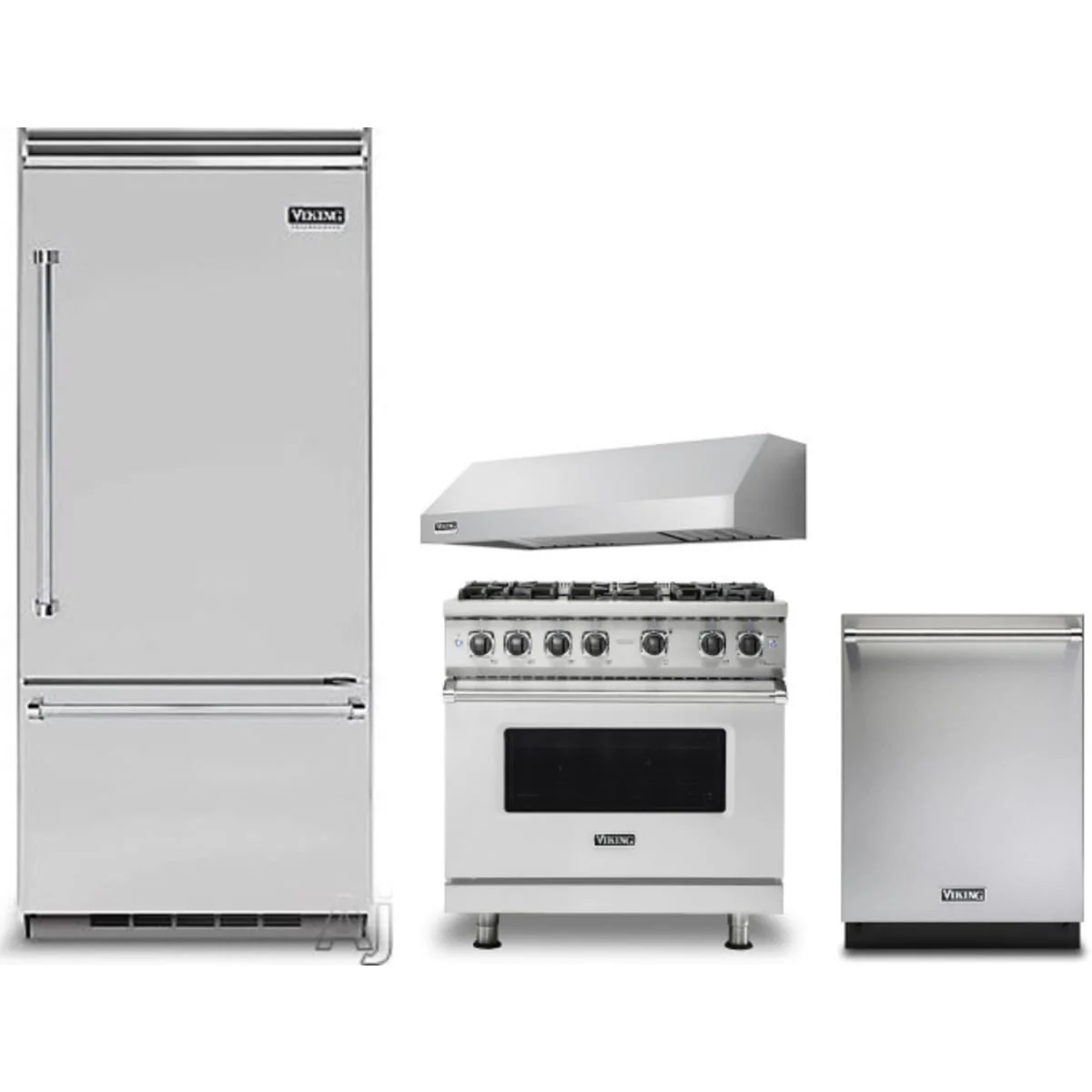 Viking 4-Piece Package VCBB5364RSS 36 Inch Built-In Bottom Mount Refrigerator and VGR5366BSSLP 36 Inch Freestanding Professional Gas Range and VDWU324SS 24 Inch Fully Integrated Dishwasher and VWH3610SS 36 Inch Pro-Style Wall Mount Range Hood