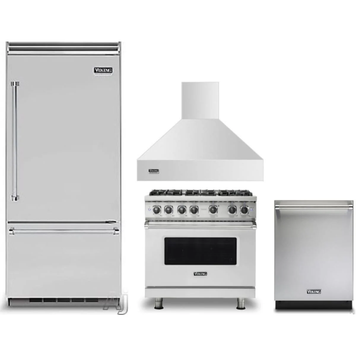 Viking 4-Piece Package VCBB5364RSS 36 Inch Built-In Bottom Mount Refrigerator and VGR5366BSSLP 36 Inch Freestanding Professional Gas Range and VDWU524SS 24 Inch Fully Integrated Dishwasher and VCWH53648SS 36 Inch Wall Mount Range Hood