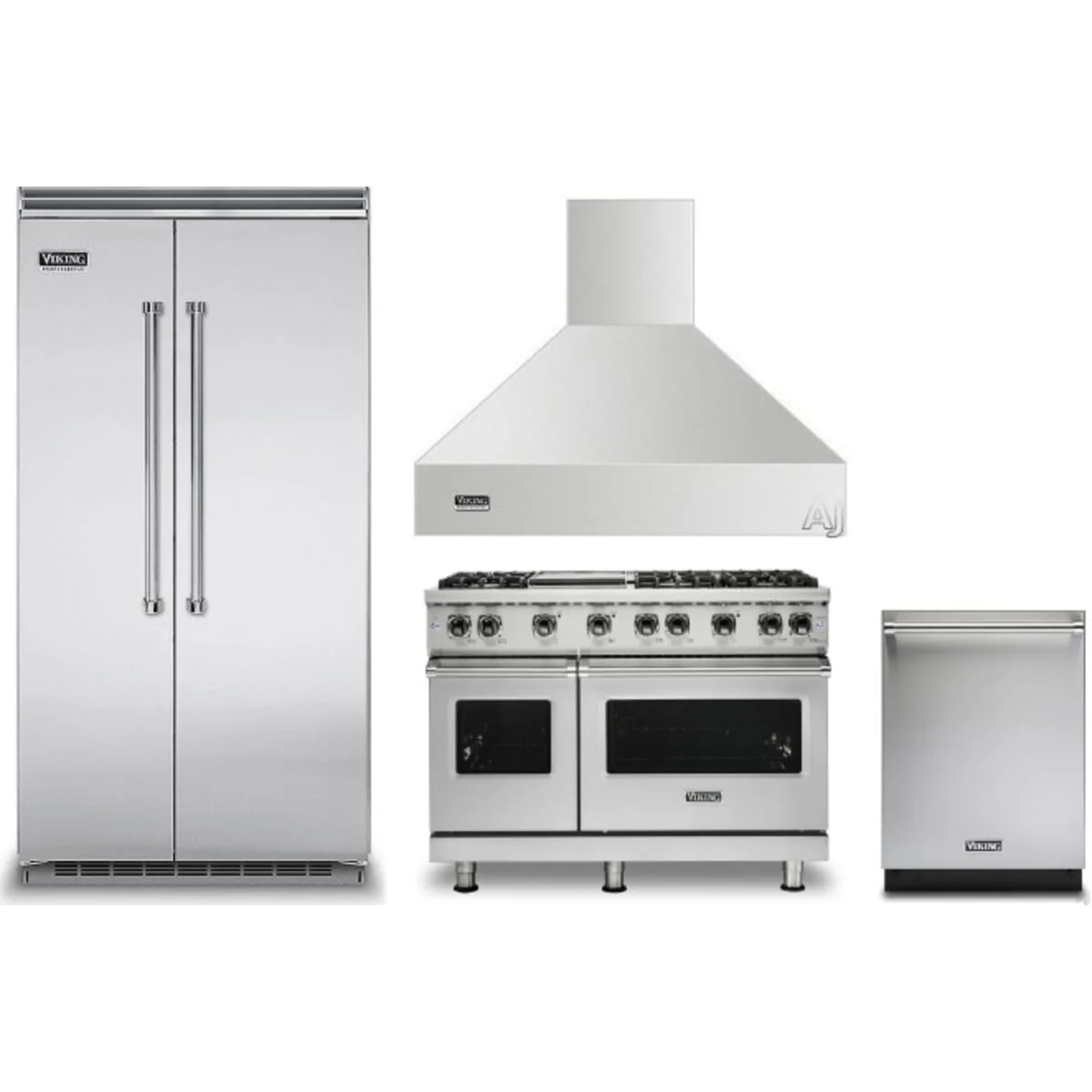 Viking 4-Piece Package VCSB5424SS 42 Inch Counter Depth Built-In Side by Side Refrigerator and VGR5486GSS 48 Inch Freestanding Professional Gas Range and VDWU524SS 24 Inch Fully Integrated Dishwasher and VCWH54848SS 48 Inch Wall Mount Range Hood