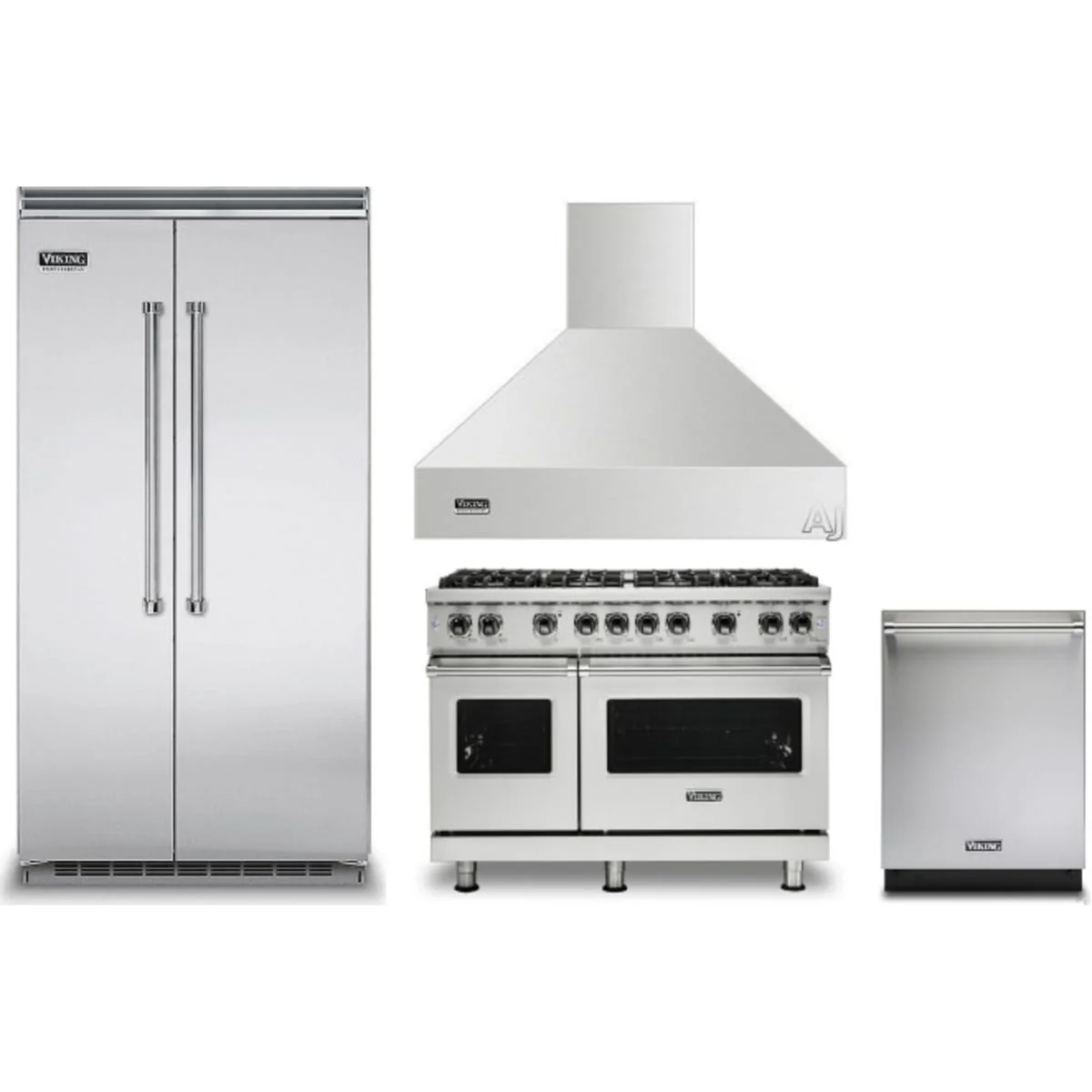 Viking 4-Piece Package VCSB5424SS 42 Inch Counter Depth Built-In Side by Side Refrigerator and VGR5488BSS 48 Inch Freestanding Professional Gas Range and VDWU524SS 24 Inch Fully Integrated Dishwasher and VCWH54848SS 48 Inch Wall Mount Range Hood