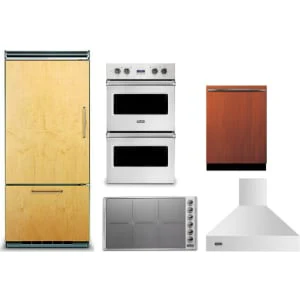 Viking 5-Piece Package FDBB5364L 36 Built-In Panel-Ready Bottom-Freezer Refrigerator and VICU53616BST 36 Cooktop and VDOE130SS 30 Wall Oven and FDWU524 24 Integrated Panel-Ready In Dishwasher and VCWH53648SS 36 Hood