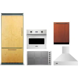 Viking 5-Piece Package FDBB5364L 36 Built-In Panel-Ready Bottom-Freezer Refrigerator and VICU53616BST 36 Cooktop and VSOE130SS 30 5 Wall Oven and FDWU524 24 Integrated Panel-Ready In Dishwasher and VCWH53648SS 36 Hood
