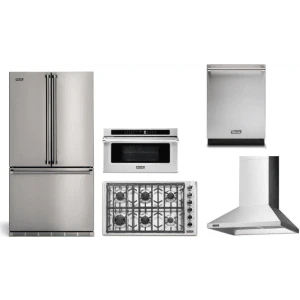 Viking 5-Piece Package RVFFR336SS 36 Counter-Depth French-Door Refrigerator and VGSU53616BSS 36 5 Cooktop and VMDD5306SS 30 Convection Speed Oven and VDWU524SS 24 Integrated Dishwasher and RVCH336SS 36 Hood