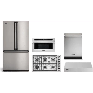Viking 5-Piece Package RVFFR336SS 36 Counter-Depth French-Door Refrigerator and VGSU53616BSS 36 5 Cooktop and VMDD5306SS 30 Convection Speed Oven and VDWU524SS 24 Integrated Dishwasher and VWH536121SS 36 Hood