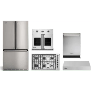 Viking 5-Piece Package RVFFR336SS 36 Counter-Depth French-Door Refrigerator and VGSU53616BSS 36 5 Cooktop and VSOF7301SS 30 Wall Oven and VDWU524SS 24 Integrated Dishwasher and VWH536121SS 36 Hood