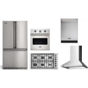 Viking 5-Piece Package RVFFR336SS 36 Counter-Depth French-Door Refrigerator and VGSU53616BSS 36 Professional 5 Series Gas Cooktop and VSOE527SS 27 Single Electric Wall Oven and VDWU524SS 24 Integrated Dishwasher and RVCH336SS 36 Wall Mount Range Hood