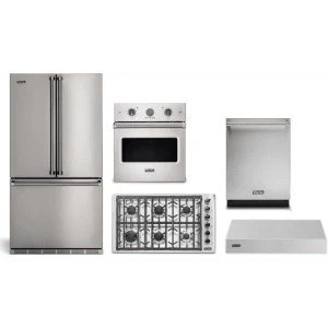 Viking 5-Piece Package RVFFR336SS 36 Counter-Depth French-Door Refrigerator and VGSU53616BSS 36 Professional 5 Series Gas Cooktop and VSOE527SS 27 Single Electric Wall Oven and VDWU524SS 24 Integrated Dishwasher and VWH536121SS 36 Wall Mount Range Hood