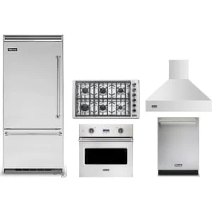 Viking 5-Piece Package VCBB5364LSS 36 Built-In Bottom Mount Refrigerator and VGSU53616BSS 36 5 Cooktop and VSOE130SS 30 5 Wall Oven and VDWU524SS 24 Integrated Dishwasher and VCWH53648SS 36 Hood