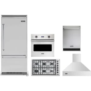 Viking 5-Piece Package VCBB5364RSS 36 Built-In Bottom Mount Refrigerator and VGSU53616BSS 36 5 Cooktop and VSOE130SS 30 5 Wall Oven and VDWU524SS 24 Integrated Dishwasher and VCWH53648SS 36 Hood