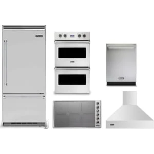 Viking 5-Piece Package VCBB5364RSS 36 Built-In Bottom Mount Refrigerator and VICU53616BST 36 Induction Cooktop and VDOE130SS 30 Double Electric Wall Oven and VDWU524SS 24 Integrated Dishwasher and VCWH53648SS 36 Wall Mount Range Hood