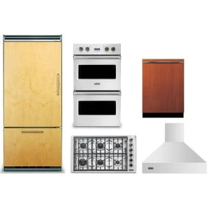 Viking 5-Piece Package FDBB5364L 36 Built-In Panel-Ready Bottom-Freezer Refrigerator and VGSU53616BSS 36 5 Cooktop and VDOE130SS 30 Wall Oven and FDWU524 24 Integrated Panel-Ready In Dishwasher and VCWH53648SS 36 Hood