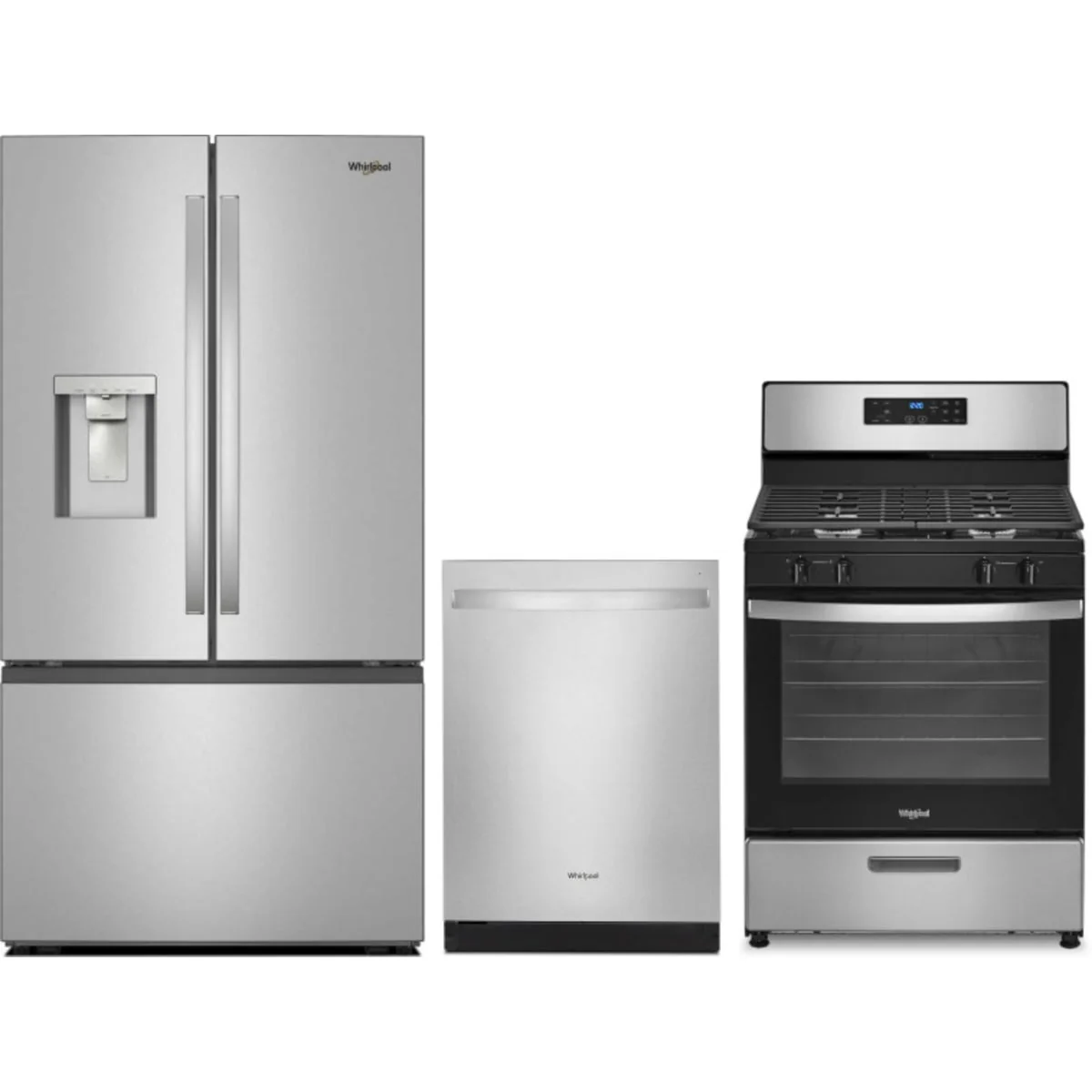 Whirlpool 3-Piece Package WRFF3536SZ 36 Inch Freestanding French Door Refrigerator and WFG320M0MS 30 Inch Freestanding Gas Range and WDT730HAMZ 24 Inch Fully Integrated Dishwasher