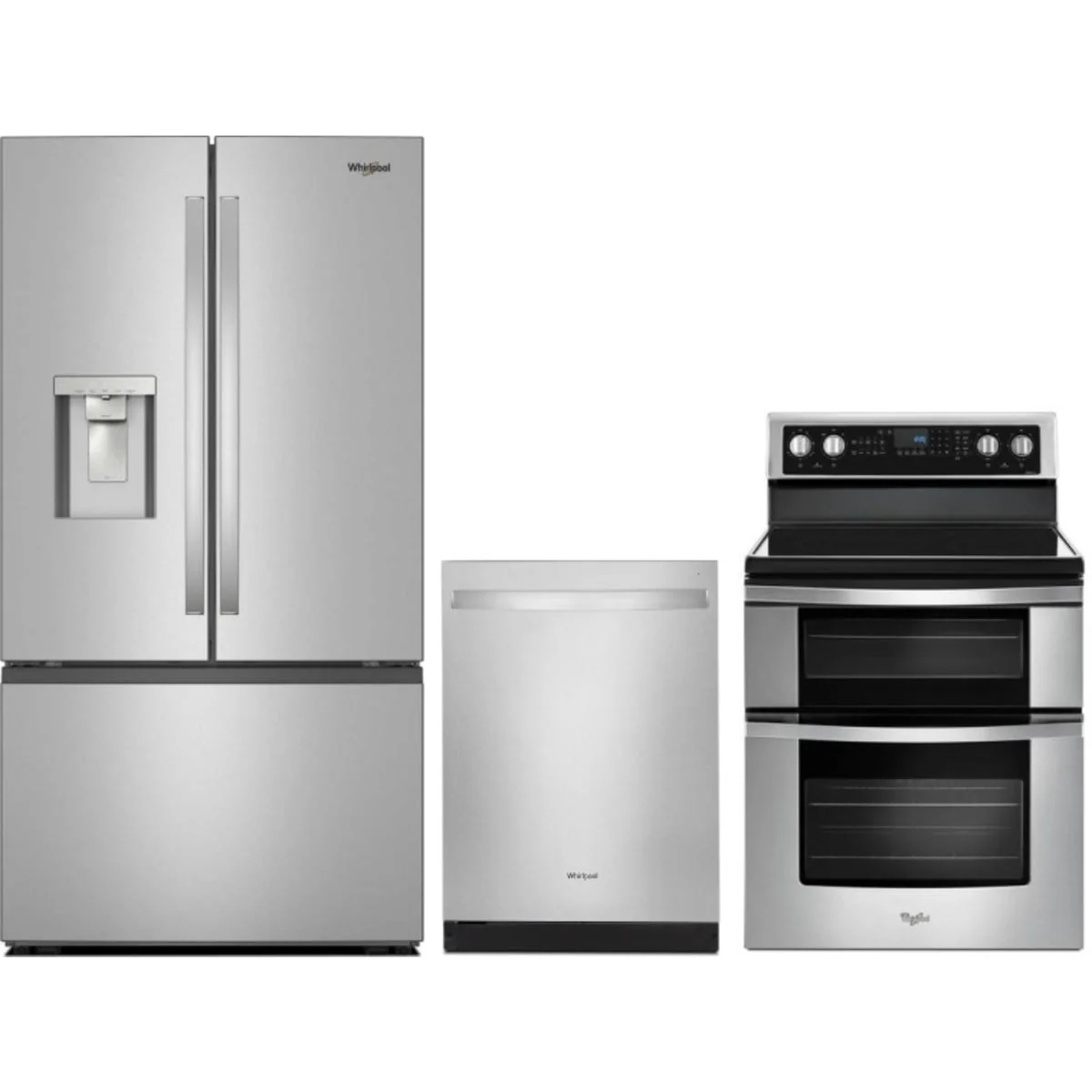 Whirlpool 3-Piece Package WRFF3536SZ 36 Inch Freestanding French Door Refrigerator and WGE745C0FS 30 Inch Electric Range and WDT730HAMZ 24 Inch Fully Integrated Dishwasher