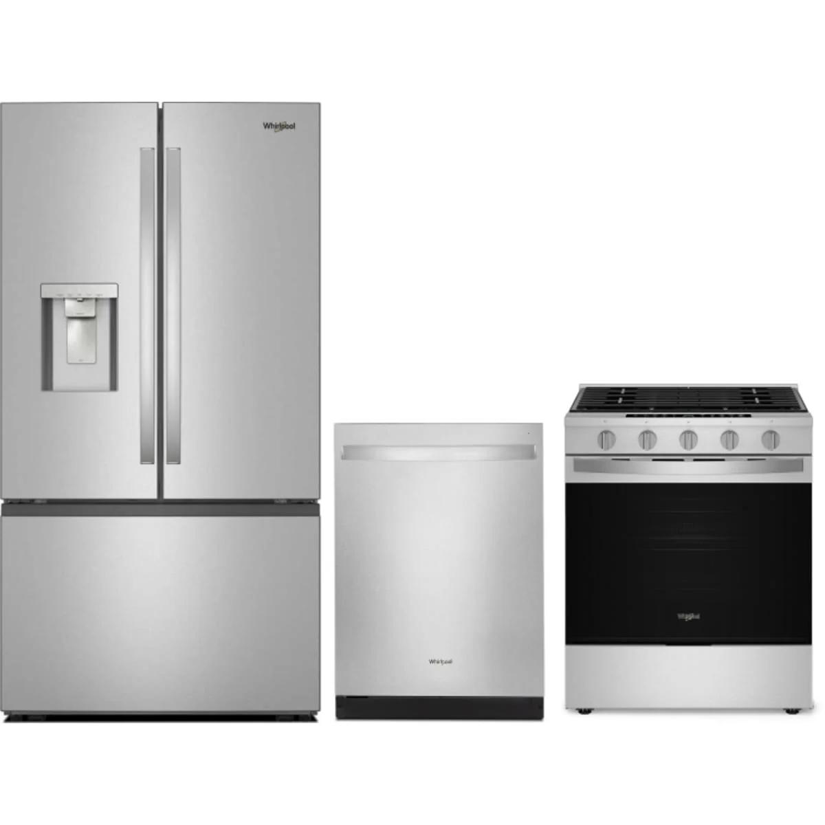 Whirlpool 3-Piece Package WRFF3536SZ 36 Inch Freestanding French Door Refrigerator and WSGS7530RZ 30 Inch Slide-In Gas Smart Range and WDT730HAMZ 24 Inch Fully Integrated Dishwasher
