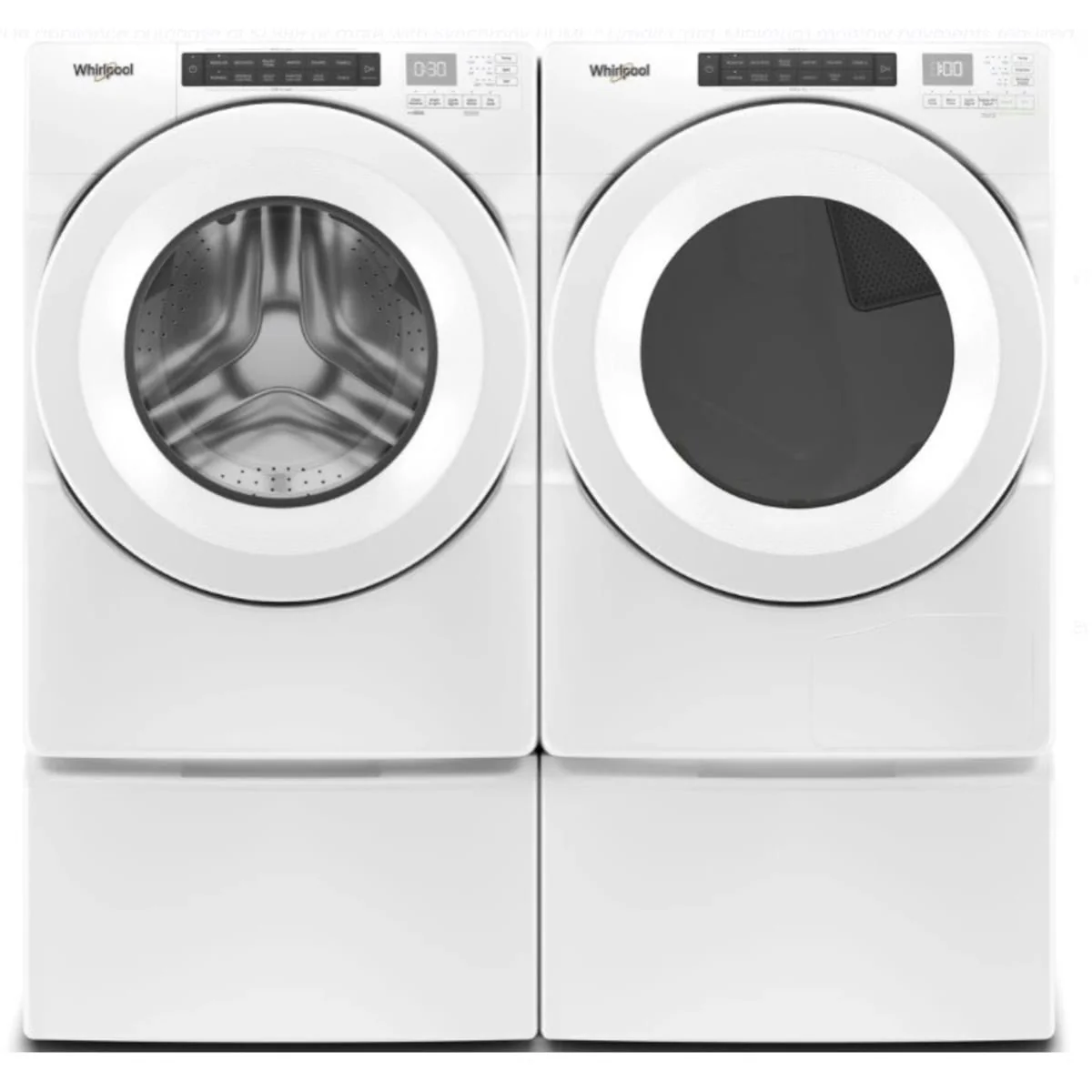Whirlpool WFW560CHW 27 Inch Front Load Washer & Whirlpool WHD560CHW 27 Inch Ventless Electric Dryer with Whirlpool XHP1000XW 10 Inch Pedestal White