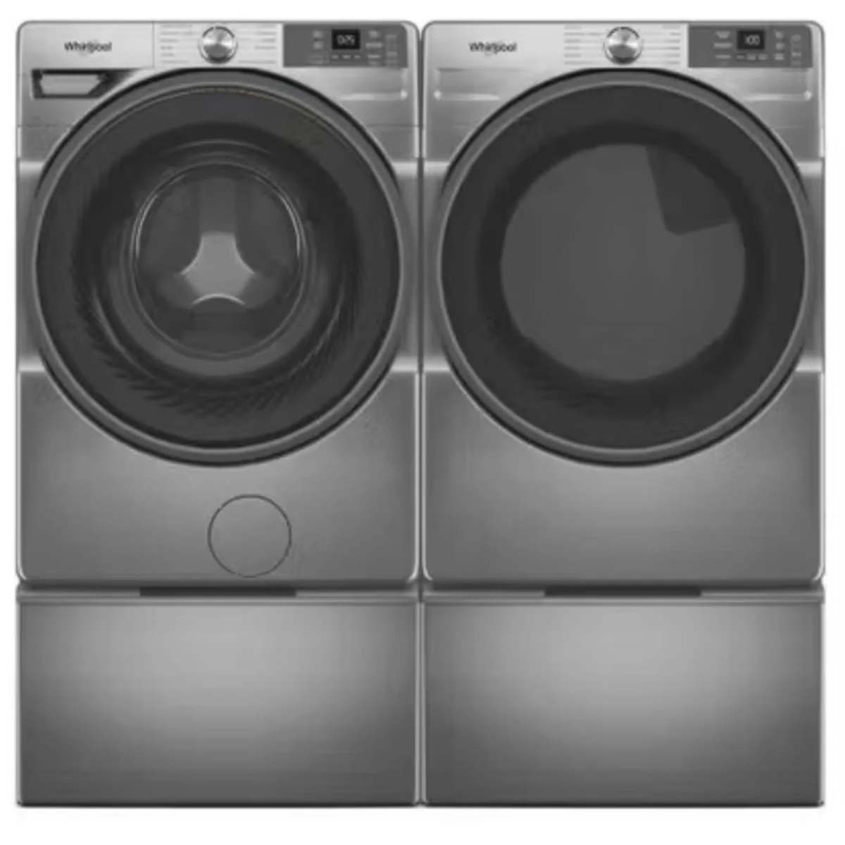 Whirlpool WFW5720RR 27 Inch Smart Front Load Washer & Whirlpool WGD5720RR 27 Inch Smart Gas Dryer with Whirlpool WFP2715RR 15.5 Inch Pedestal for Front Load Washer and Dryer