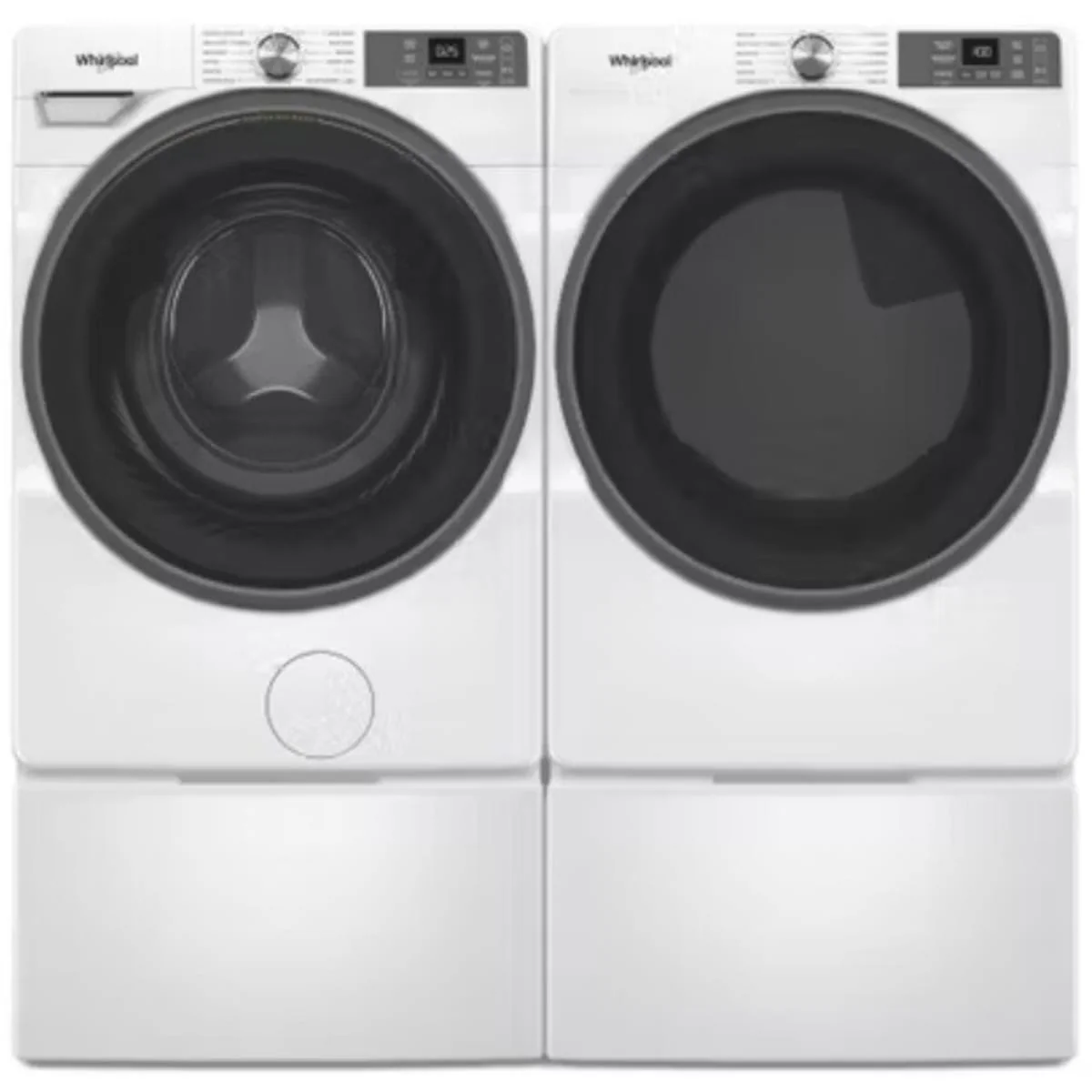 Whirlpool WFW5720RW 4.5 cu. ft. Smart Front Load Washer & Whirlpool WED5720RW 27 Inch Smart Electric Dryer with Whirlpool WFP2715HW 15.5 Inch Pedestal for Front Load Washer and Dryer