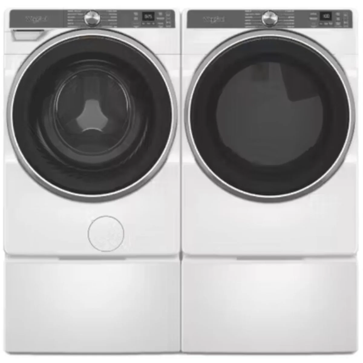 Whirlpool WFW6720RW 5.0 cu ft Smart Front Load Washer & Whirlpool WED6720RW 27 Inch Smart Front Load Electric Dryer with Whirlpool WFP2715HW 15.5 Inch Pedestal for Front Load Washer and Dryer