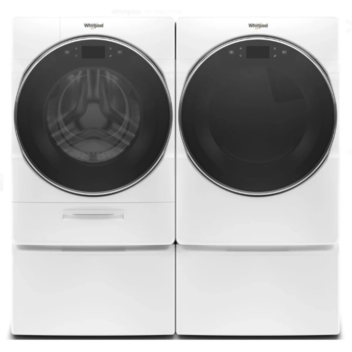 Whirlpool WFW9620HW 27 Inch Front Load Smart Washer & Whirlpool WGD8620HW 27 Inch Gas Dryer with Whirlpool WFP2715HW 15.5 Inch Pedestal for Front Load Washer and Dryer