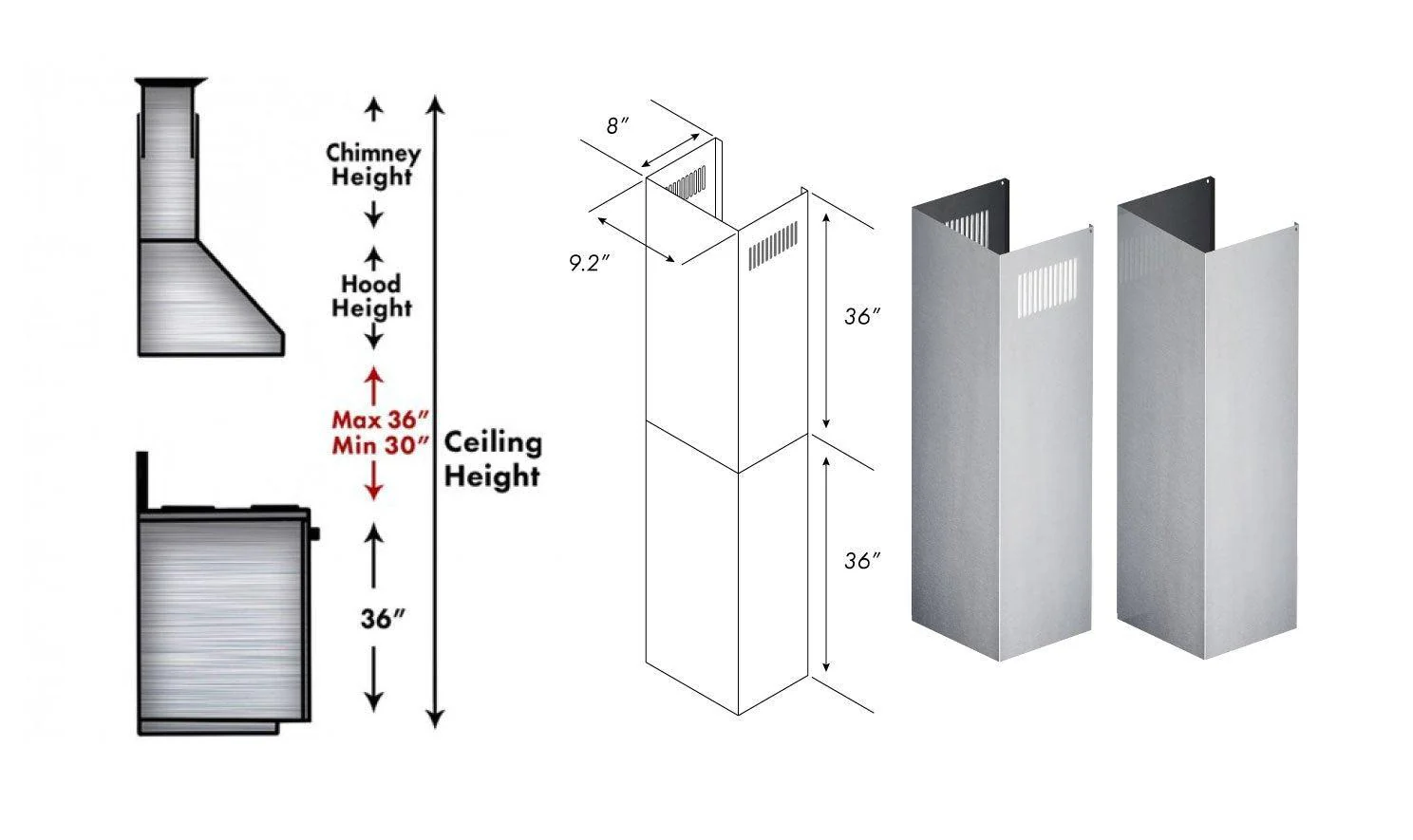ZLINE KITCHEN AND BATH 2PCEXTKBKL2KL3304 ZLINE 2-36 in. Chimney Extensions for 10 ft. to 12 ft. Ceilings (2PCEXT-KB/KL2/KL3-304) - Image 4