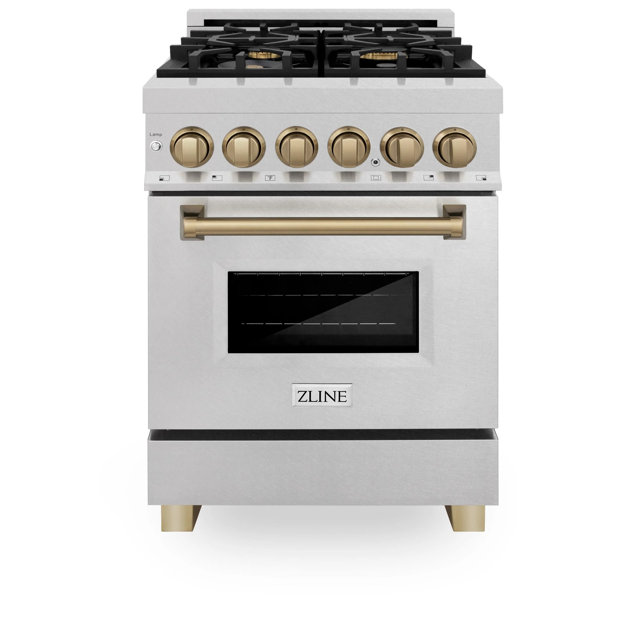 ZLINE KITCHEN AND BATH RASZSN24CB ZLINE Autograph Edition 24 in. 2.8 cu. ft. Legacy Dual Fuel Range with 4 Burner Gas Cooktop and Electric Convection Oven in Satin in Stainless Steel and Champagne Bronze Accents (RASZ-SN-24-CB) Bronze
