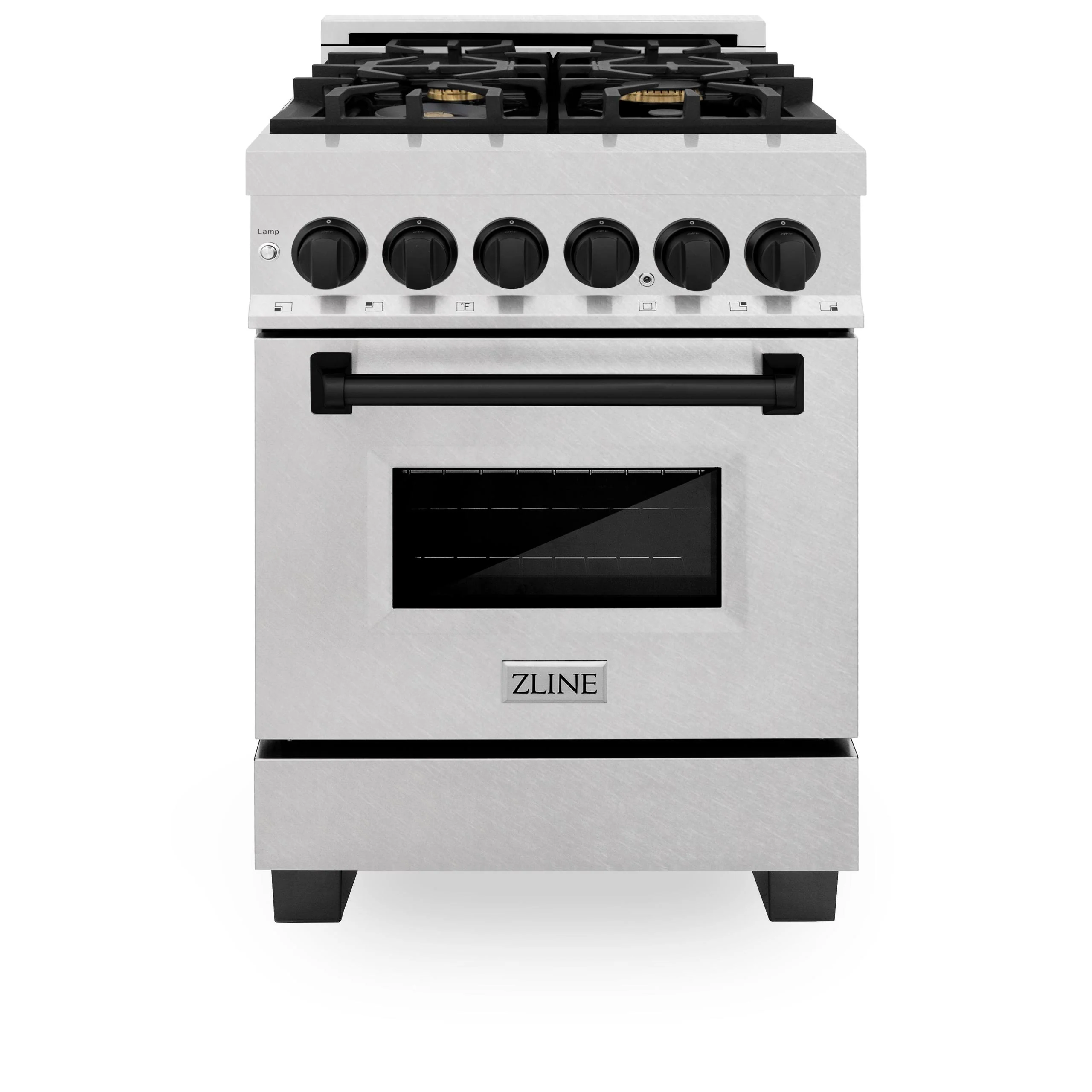 ZLINE KITCHEN AND BATH RASZSN24MB ZLINE Autograph Edition 24 in. 2.8 cu. ft. Legacy Dual Fuel Range with 4 Burner Gas Cooktop and Electric Convection Oven in Satin in Stainless Steel and Matte Black Accents (RASZ-SN-24-MB) Black