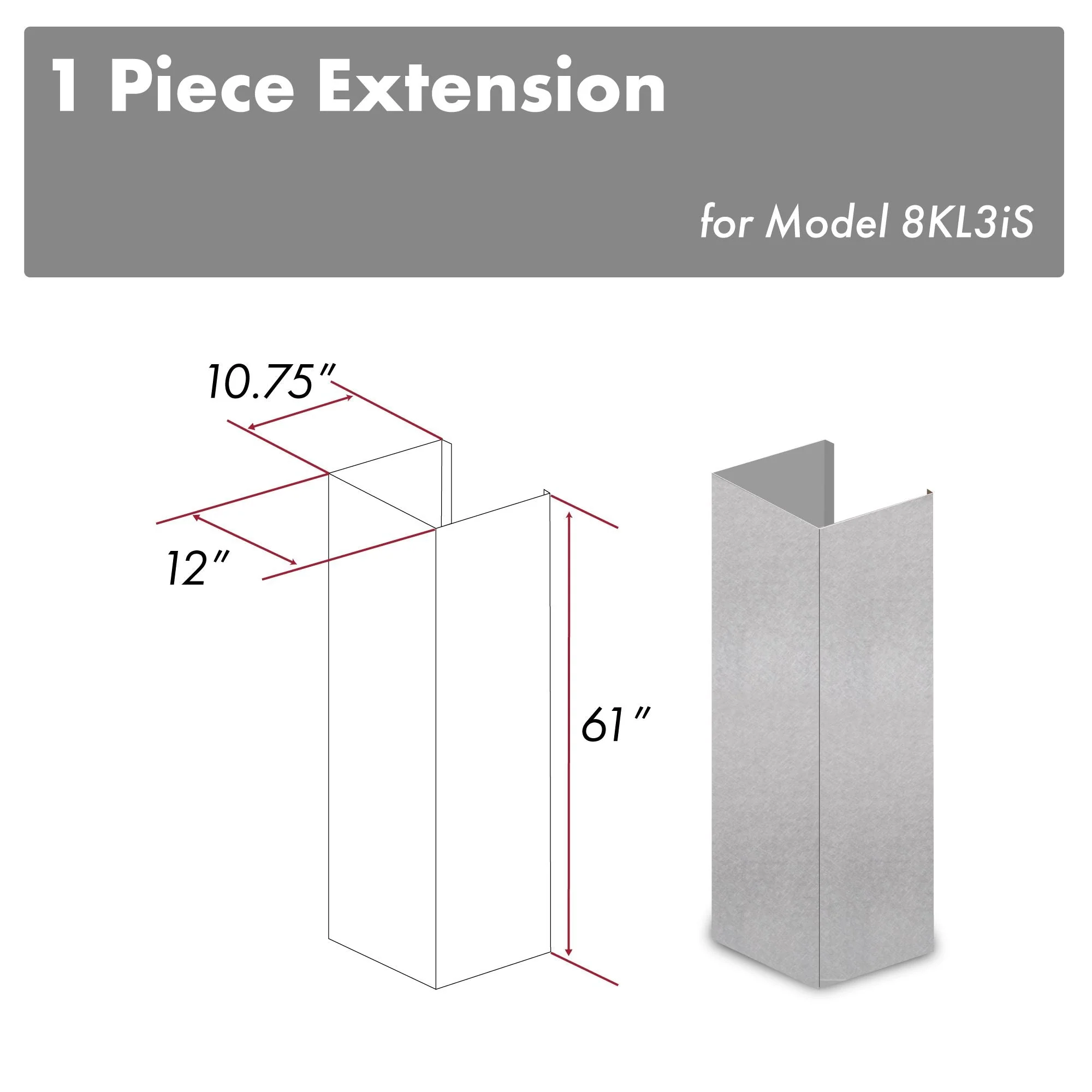 ZLINE KITCHEN AND BATH 8KL3ISE ZLINE 61 in. Satin Stainless Steel Chimney Extension for Ceilings up to 12.5 ft. (8KL3iS-E)