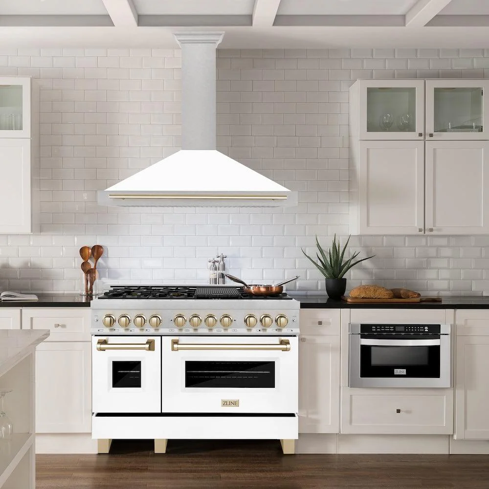 ZLINE KITCHEN AND BATH KB4SNZWM48G ZLINE 48 in. Autograph Edition Convertible Fingerprint Resistant Satin in Stainless Steel Range Hood with White Matte Shell and Polished Gold Handle (KB4SNZ-WM48-G) Gold - Image 2