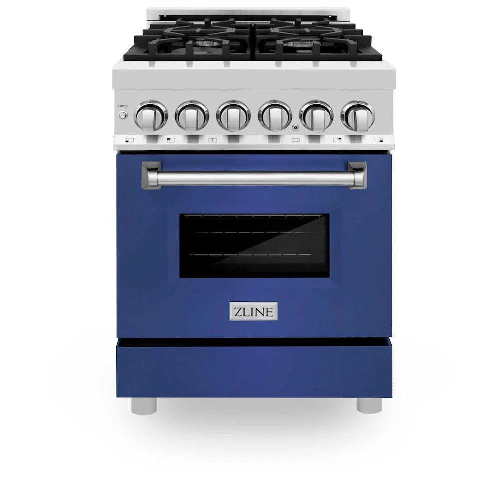 ZLINE KITCHEN AND BATH RABM24 ZLINE 24 in. 2.8 cu. ft. Legacy Dual Fuel Range with 4 Burner Gas Cooktop and Electric Convection Oven in Stainless Steel and Blue Matte Door (RA-BM-24) Blue