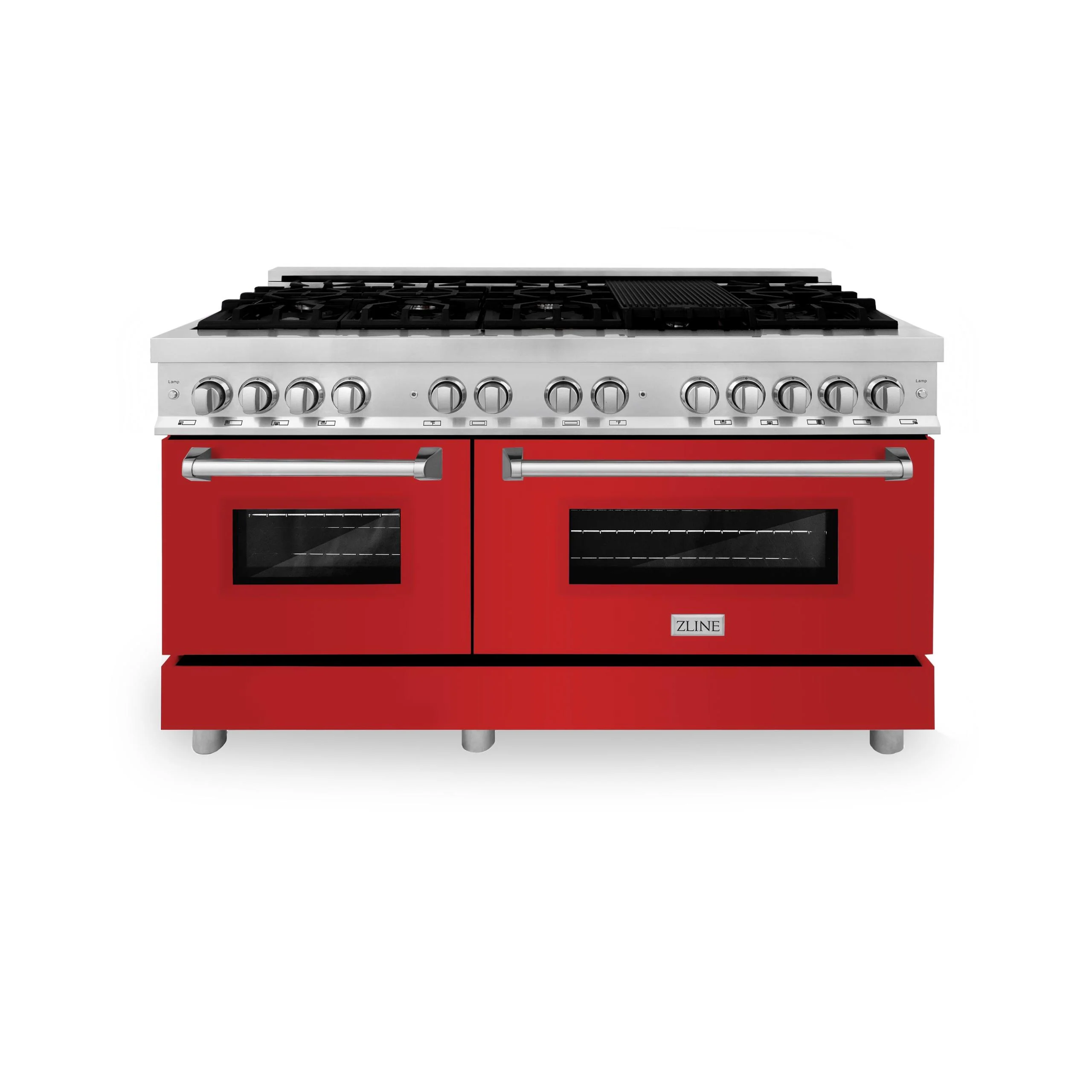 ZLINE KITCHEN AND BATH RARM60 ZLINE 60 in. 7.4 cu. ft. Legacy Dual Fuel Range with 9 Burner Gas Cooktop and 2 Electric Convection Ovens in Stainless Steel and Red Matte Doors (RA-RM-60) Red