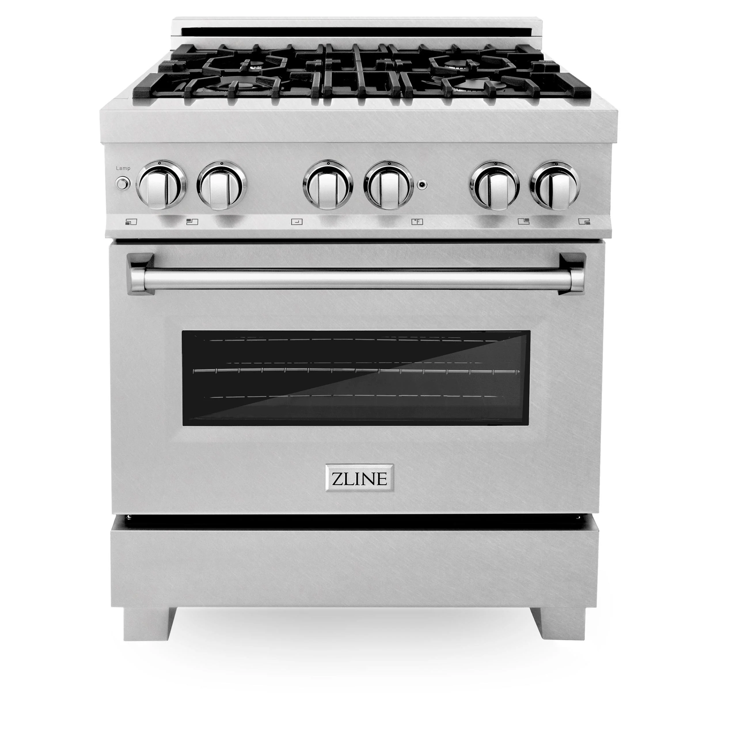 ZLINE KITCHEN AND BATH RASSNBRGR30 ZLINE 30 in. 4.0 cu. ft. Legacy Dual Fuel Range with Gas Cooktop and Electric Convection Oven in Satin in Stainless Steel with 4 Brass Burners and Griddle (RAS-SN-BR-GR-30)