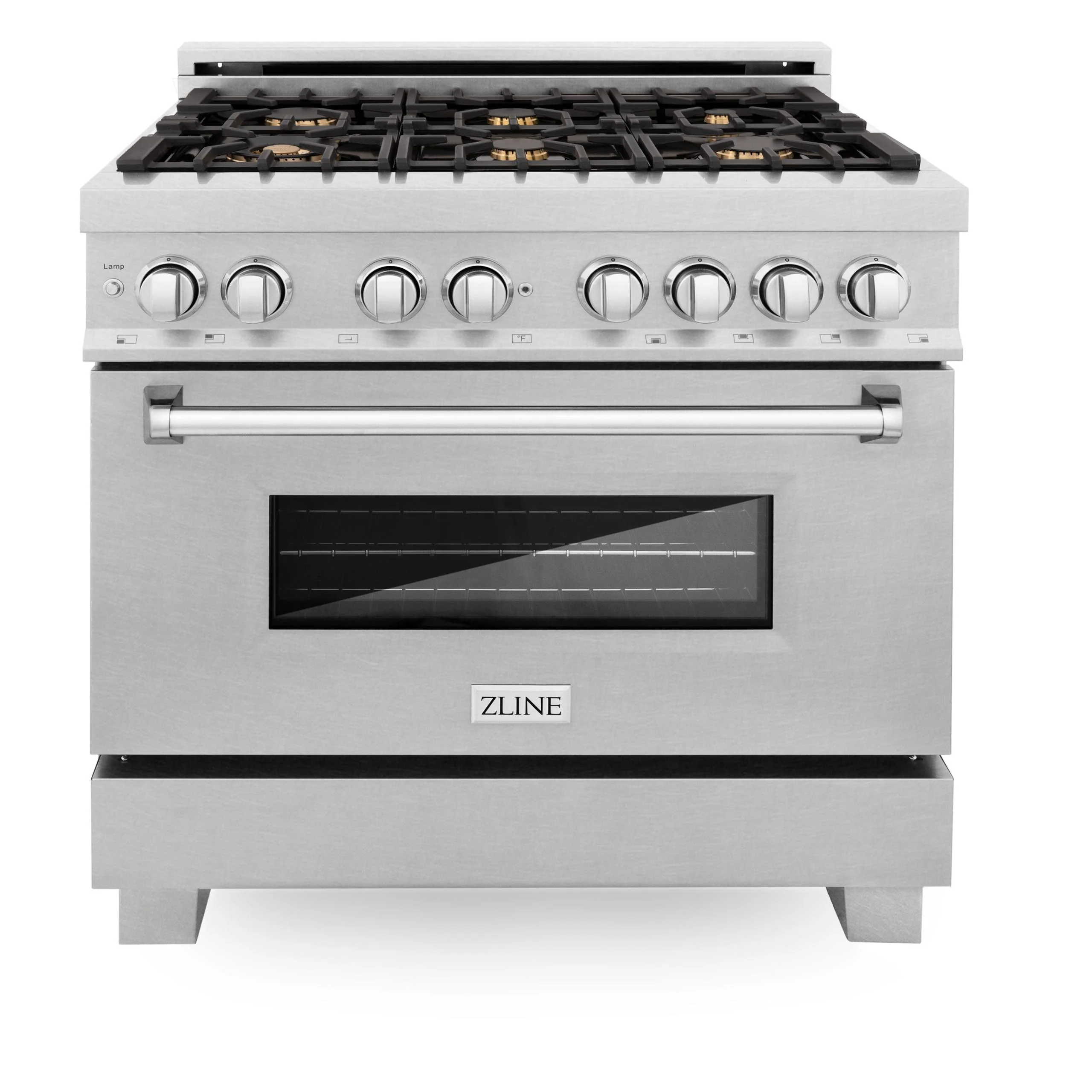 ZLINE KITCHEN AND BATH RASSNBRGR36 ZLINE 36 in. 4.6 cu. ft. Legacy Dual Fuel Range with Gas Cooktop and Electric Convection Oven in Satin in Stainless Steel with 6 Brass Burners and Griddle (RAS-SN-BR-GR-36)