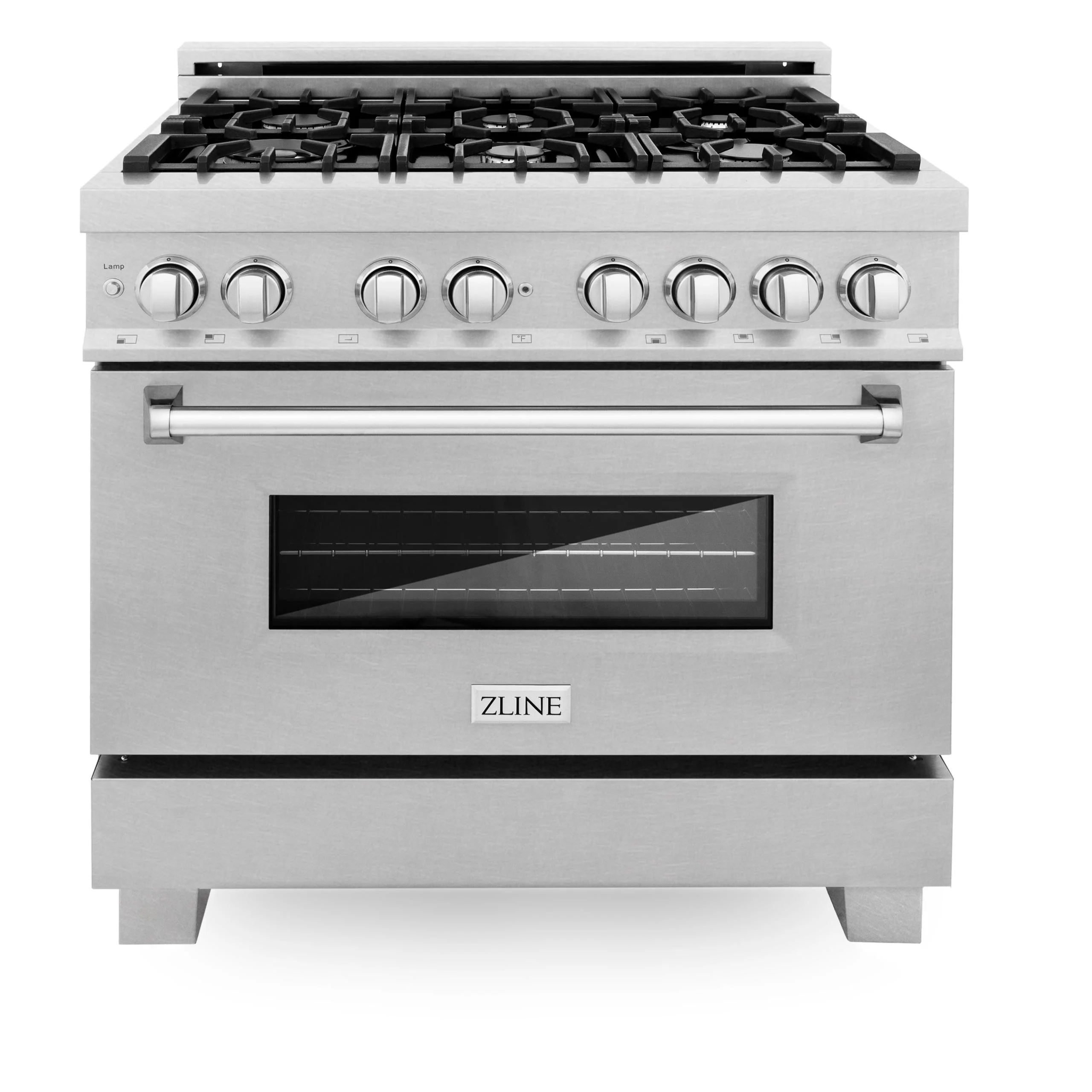 ZLINE KITCHEN AND BATH RASSNGR36 ZLINE 36 in. 4.6 cu. ft. Legacy Dual Fuel Range with 6 Burner Gas Cooktop and Electric Convection Oven in Satin in Stainless Steel with Griddle (RAS-SN-GR-36)