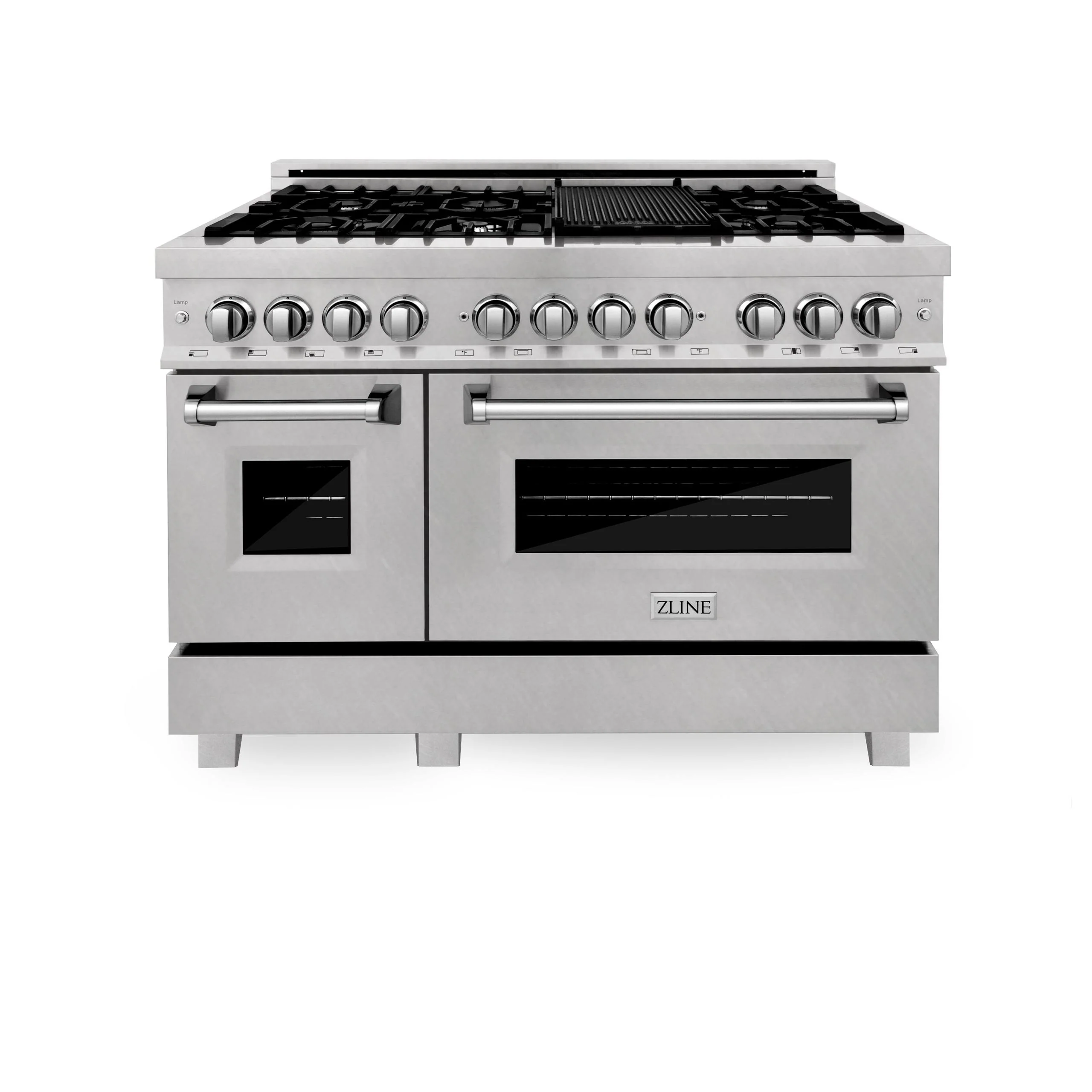 ZLINE KITCHEN AND BATH RASSNGR48 ZLINE 48 in. 6.0 cu. ft. Legacy Dual Fuel Range with 7 Burner Gas Cooktop and 2 Electric Ovens in Satin in Stainless Steel with Griddle (RAS-SN-GR-48)