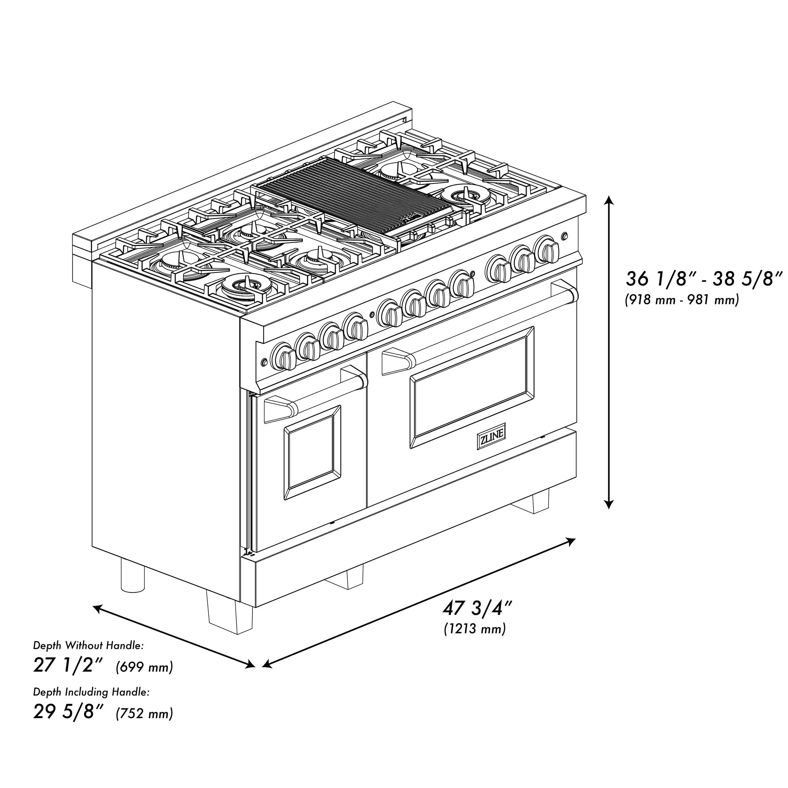 ZLINE KITCHEN AND BATH RASSNGR48 ZLINE 48 in. 6.0 cu. ft. Legacy Dual Fuel Range with 7 Burner Gas Cooktop and 2 Electric Ovens in Satin in Stainless Steel with Griddle (RAS-SN-GR-48) - Image 12