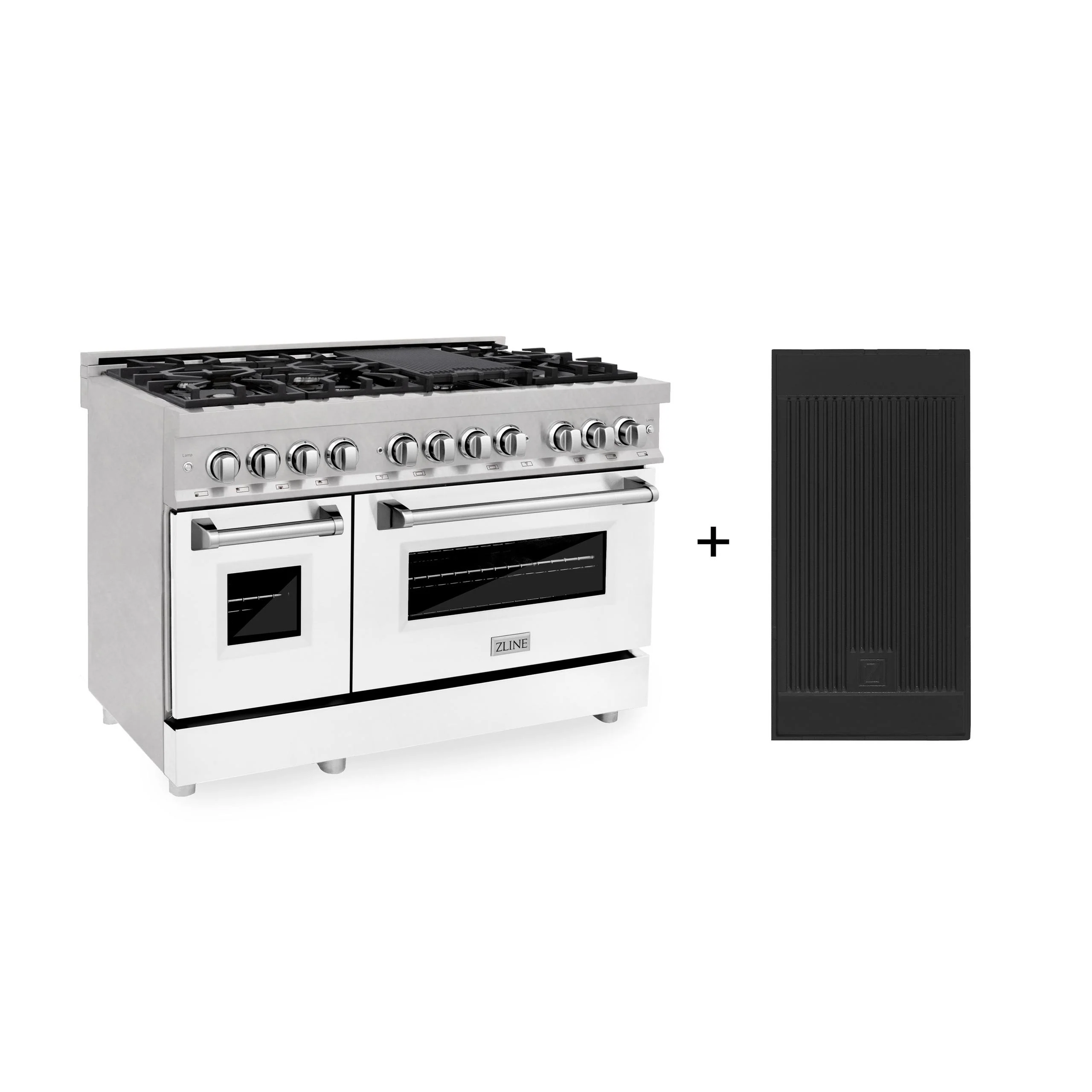 ZLINE KITCHEN AND BATH RASWMGR48 ZLINE 48 in. 6.0 cu. ft. Legacy Dual Fuel Range with 7 Burner Gas Cooktop and 2 Electric Ovens in Satin in Stainless Steel with White Matte Doors and Griddle (RAS-WM-GR-48)