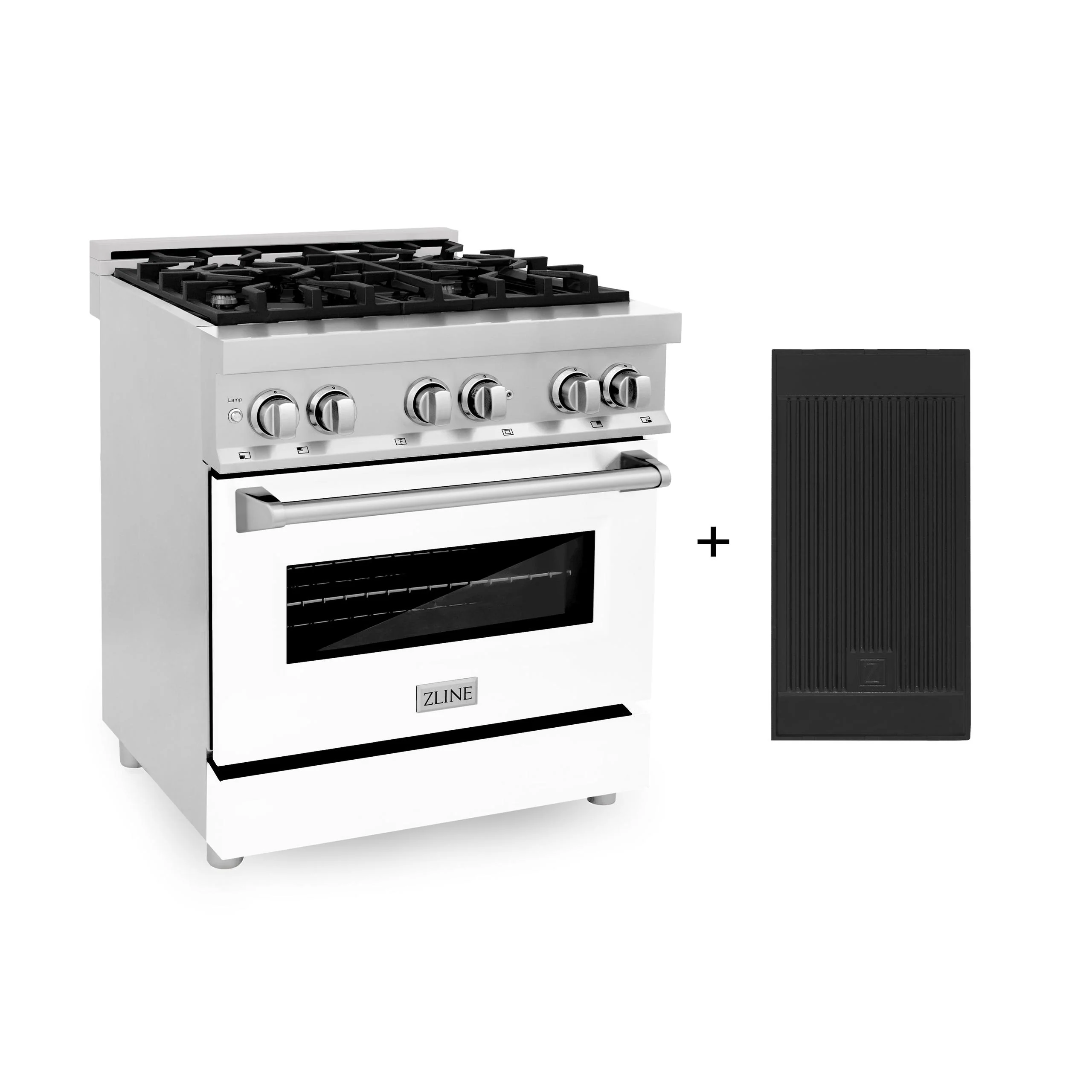ZLINE KITCHEN AND BATH RAWMGR30 ZLINE 30 in. 4.0 cu. ft. Legacy Dual Fuel Range with 4 Burner Gas Cooktop and Electric Convection Oven in Stainless Steel with Griddle and White Matte Door (RA-WM-GR-30)
