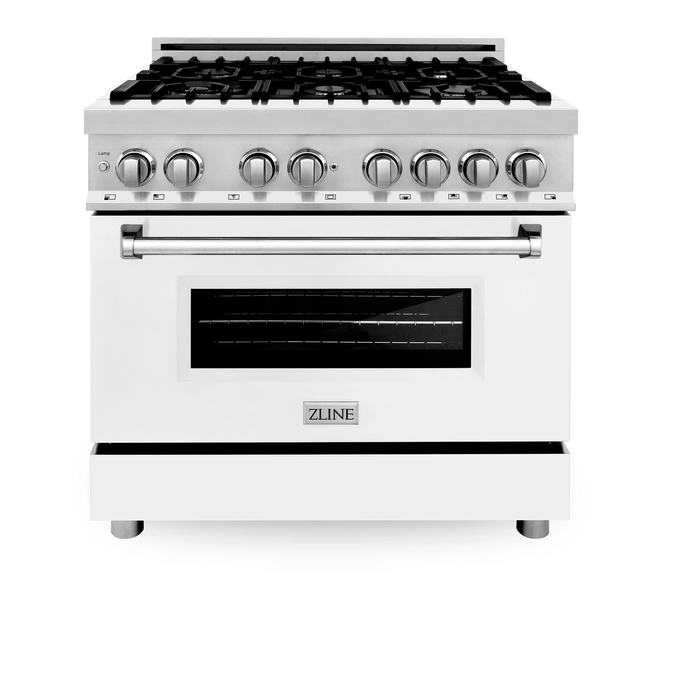 ZLINE KITCHEN AND BATH RAWMGR36 ZLINE 36 in. 4.6 cu. ft. Legacy Dual Fuel Range with 6 Burner Gas Cooktop and Electric Convection Oven in Stainless Steel with Griddle and White Matte Door (RA-WM-GR-36)