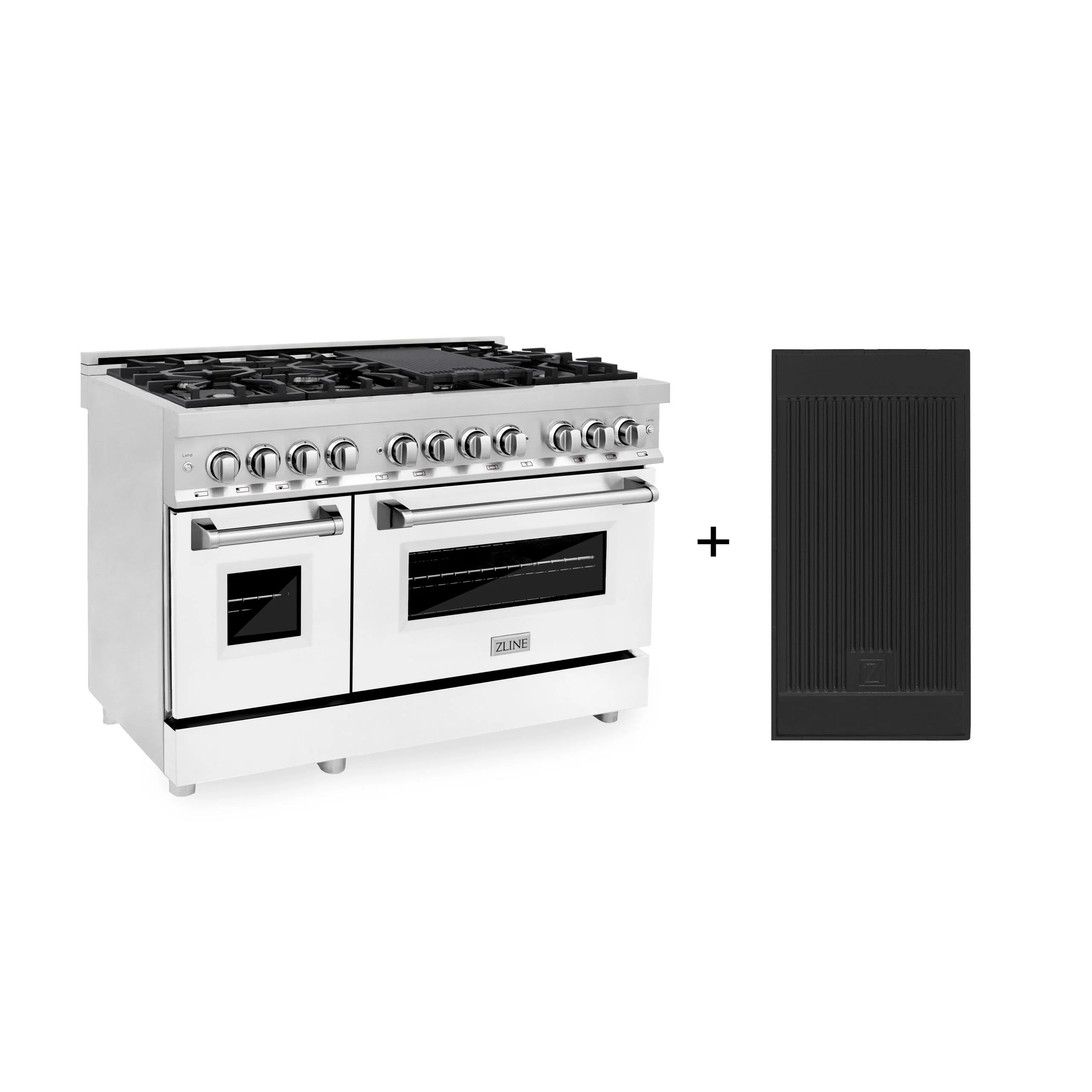 ZLINE KITCHEN AND BATH RAWMGR48 ZLINE 48 in. 6.0 cu. ft. Legacy Dual Fuel Range with 7 Burner Gas Cooktop and 2 Electric Ovens in Stainless Steel with Griddle and White Matte Doors (RA-WM-GR-48)