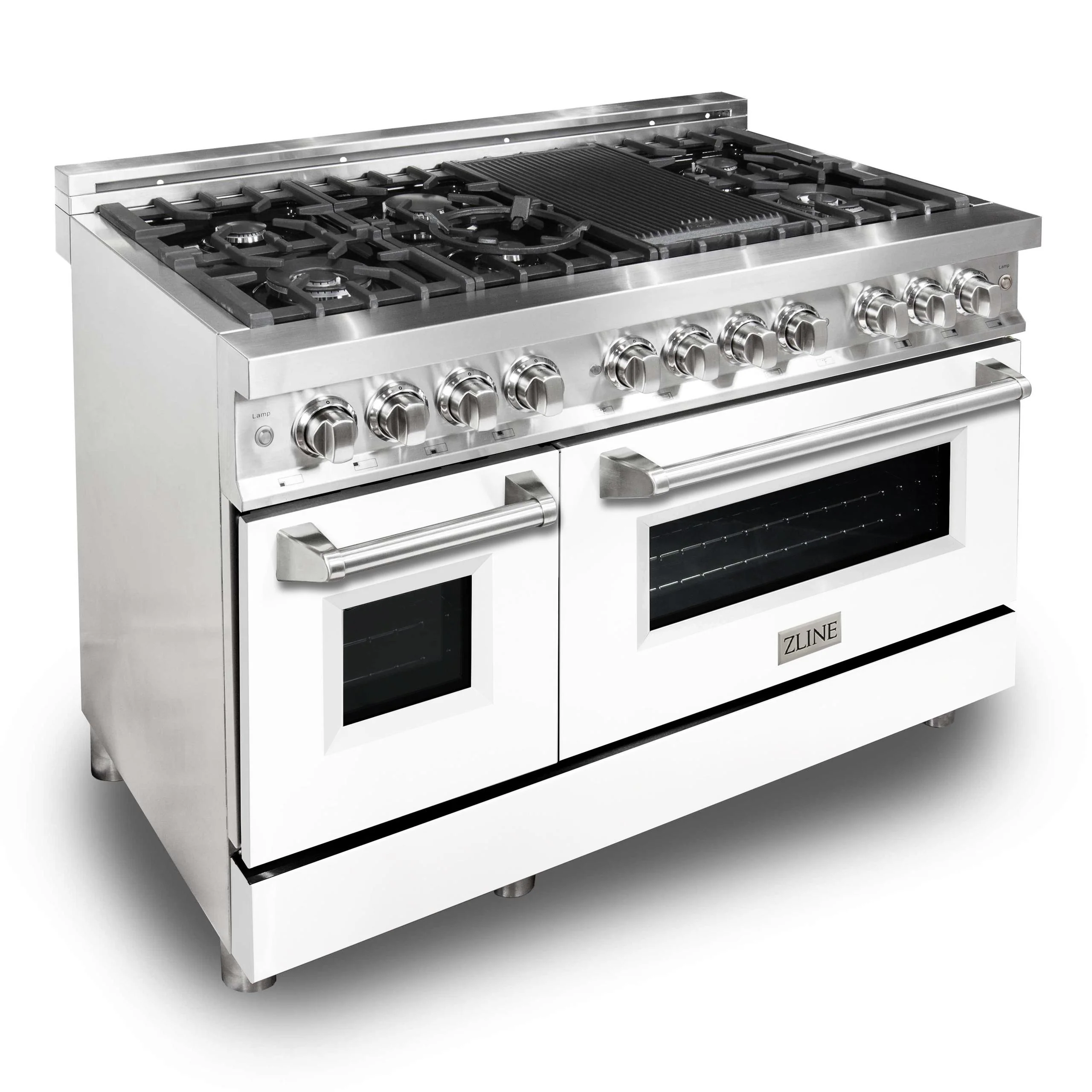 ZLINE KITCHEN AND BATH RAWMGR48 ZLINE 48 in. 6.0 cu. ft. Legacy Dual Fuel Range with 7 Burner Gas Cooktop and 2 Electric Ovens in Stainless Steel with Griddle and White Matte Doors (RA-WM-GR-48) - Image 2